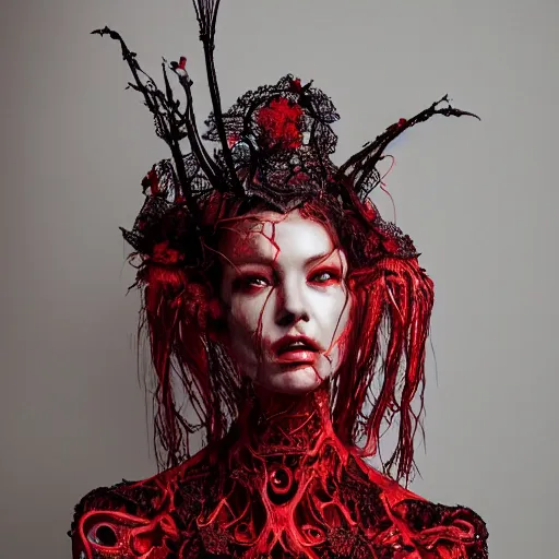 Prompt: a female model by stefan geselle and nekro borja, photorealistic, biomechanical, red lace, intricate details, hyper realistic, ornate headpiece, dark beauty, photorealistic, canon r 3, photography, wide shot, photography, dark beauty, symmetrical features