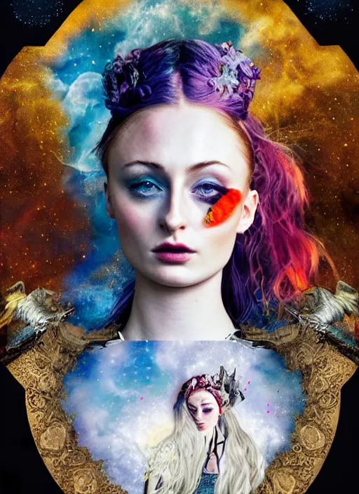 Prompt: sophie turner as moon goddess digital collage, moon, punk, steampunk, fashion, soft, vintage maximalist style, digital painting, 4 k, hdr, sharp focus, art by sandra chevrier, john hoyland, teamlab fine art with subtle redshift rendering