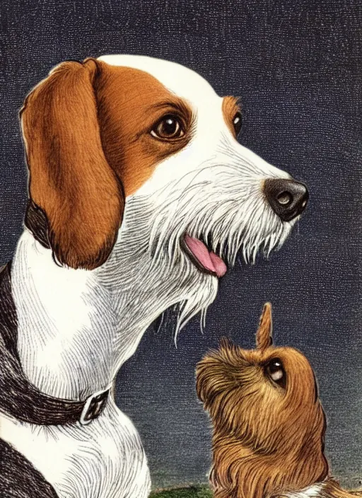 Image similar to candid portrait of jack russel dog sad mouth open, night sky, highly detailed, side view, illustrated by peggy fortnum and beatrix potter and sir john tenniel