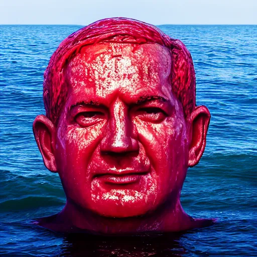 Image similar to a giant human head sculpture in the sea made out of juicy and transparent red jelly, looking like benjamin netanyahu, long shot, hyper detailed, hyper realistic, ray tracing, 8 k resolution, sharp focus, realistic water, award winning