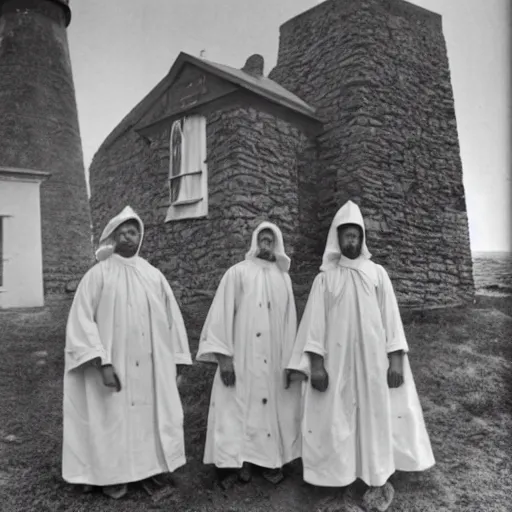 Image similar to worshippers dressed in robes belonging to the cult of the lighthouse. Dilapidated 1800s lighthouse. Unnaturally tall lighthouse. Beacons of light. 1800s photo.
