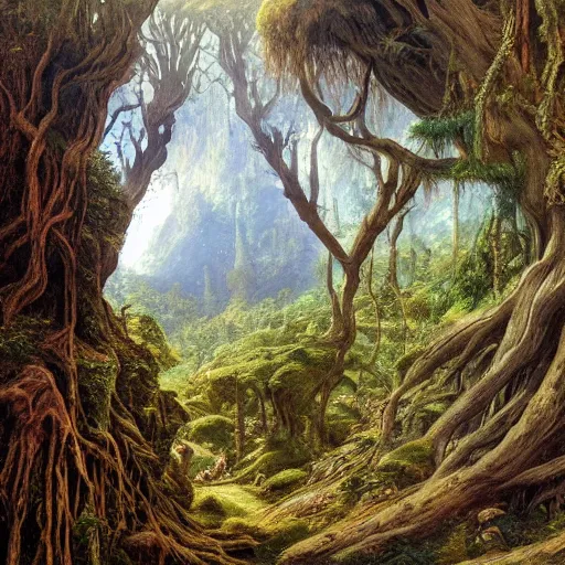 Prompt: a beautiful and highly detailed oil painting of a secret valley deep in the mountains, ancient trees, wooden structures, intricate details, epic scale, insanely complex, 8 k, sharp focus, hyper realism, fantasy landscape, psychedelic, by caspar friedrich and brian froud,