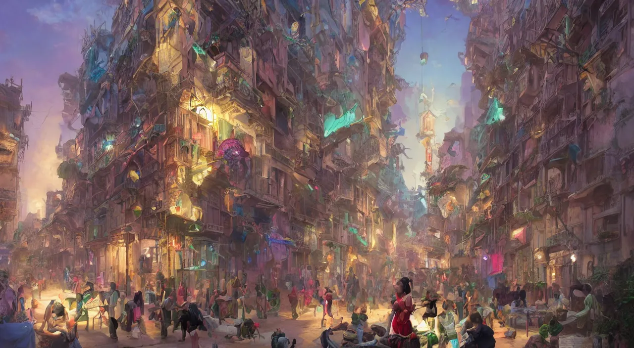 Prompt: bazaar zouk oriantal place mosquet multicolorful sky shine matte painting, street art, trending on artstation, by huang guangjian and gil elvgren and sachin teng