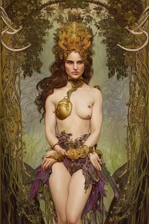 Image similar to natalie portman as queen of the jungle, full figure, painted by nekro, alphonse mucha, dark - fantasy, intricate detail, artstation, cgsociety, rococo, gold leaf art