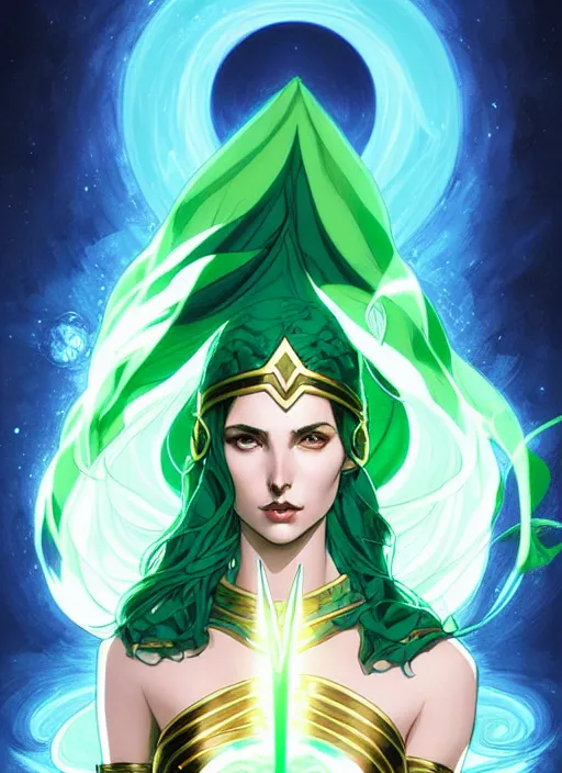 Image similar to style artgerm, joshua middleton, illustration, gal gadot as a high priestess wearing green pelt light armor, anime eyes, blue hair, swirling water cosmos, fantasy, dnd, cinematic lighting