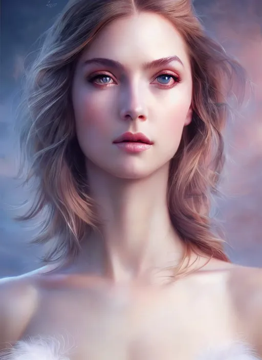 Image similar to a gorgeous female photo, professionally retouched, soft lighting, wearing a feather dress, realistic, smooth face, perfect eyes, wide angle, sharp focus on eyes, 8 k high definition, insanely detailed, intricate, elegant, art by artgerm and greg rutkowski and stefan kostic