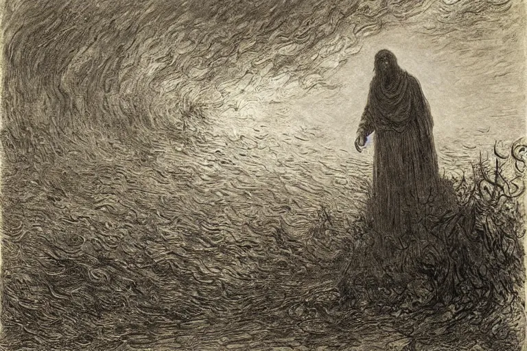 Prompt: fear in the hears of man by gustave dore by claude monet