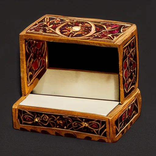 Image similar to carved ivory box with inlaid rubies, studio photography, black background