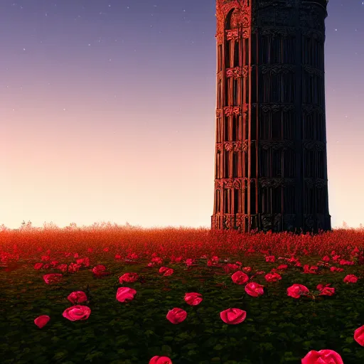 Image similar to photo of a dark tower in the center of a field of roses. golden hour. photorealism. 4 k trends on artstation. photo taken with canon mark 3