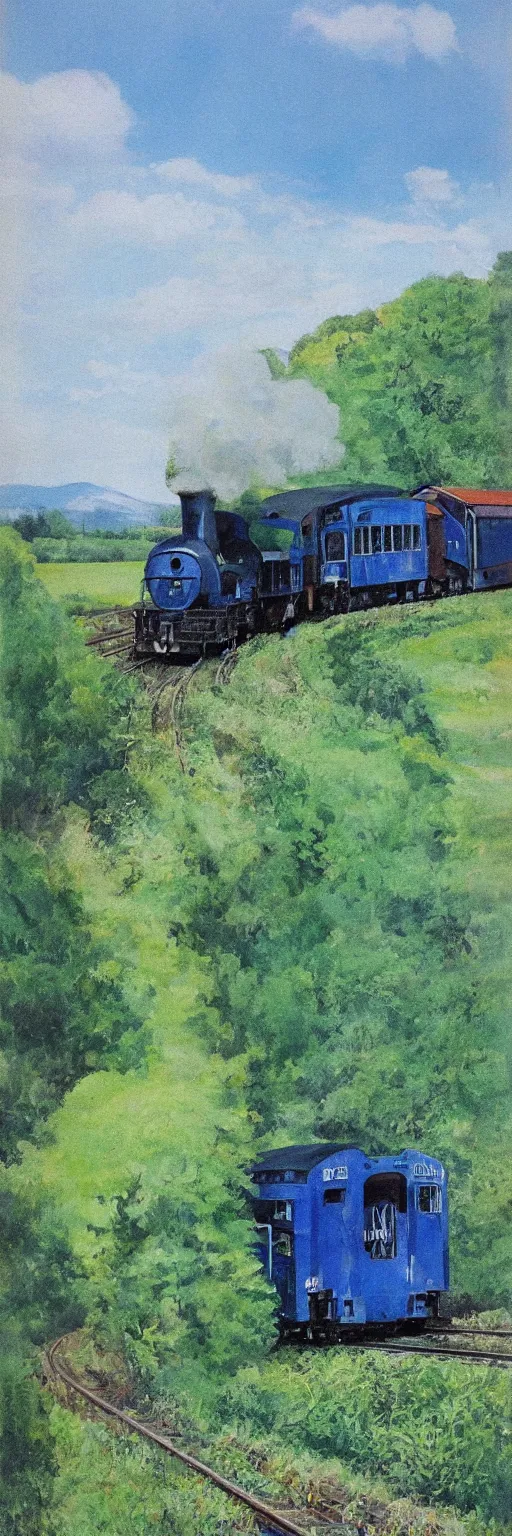 Prompt: blue and green train in the country, vintege poster,