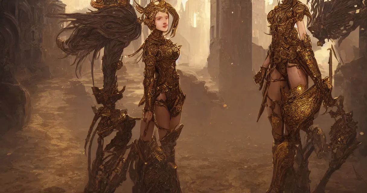 Prompt: portrait knights of zodiac girl, golden reflected armor, in ruined agora of athens, ssci - fi and fantasy, intricate and very very beautiful and elegant, highly detailed, digital painting, artstation, concept art, frostbite engine, smooth and sharp focus, illustration, art by tian zi and wlop and alphonse mucha