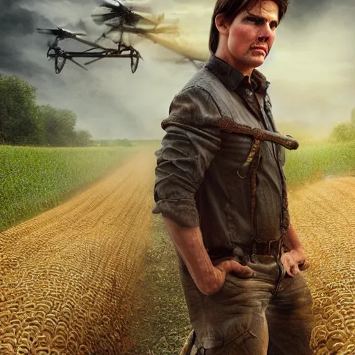 Image similar to Tom Cruise as a corn farmer, high resolution fantasy concept art, intricate details, soft lighting