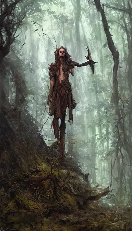 Prompt: Realistic painting of a high fantasy wood elf wizard in a magical forest clearing by Greg Rutkowski, Boris Vallejo, Artgerm, Donato Giancola, Jean Baptiste Monge, dramatic lighting