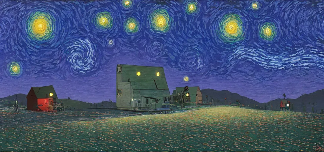 Image similar to Starry Night, painting by Simon Stalenhag