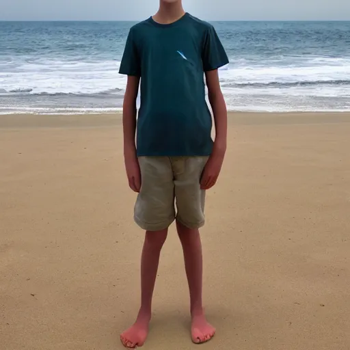 Prompt: 13 year old boy at the n beach, hyperrealistic, lighting
