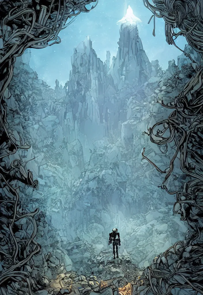 Prompt: A comic book cover of an android soldier with back to the camera, in a forest made of crystal and gemstone, looking across a vast chasm and old rope bridge. On the mountain facing him is a temple made of shards of crystal with a tower glowing in the fog