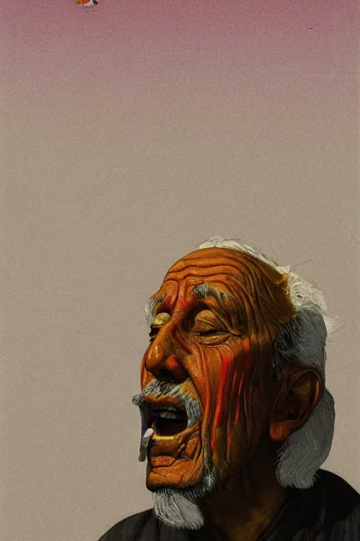 Image similar to a closeup portrait of an old moroccan man licking a blotter paper of LSD acid on his tongue and dreaming psychedelic hallucinations, by kawase hasui, moebius, Edward Hopper and James Gilleard, Zdzislaw Beksinski, Steven Outram colorful flat surreal design, hd, 8k, artstation