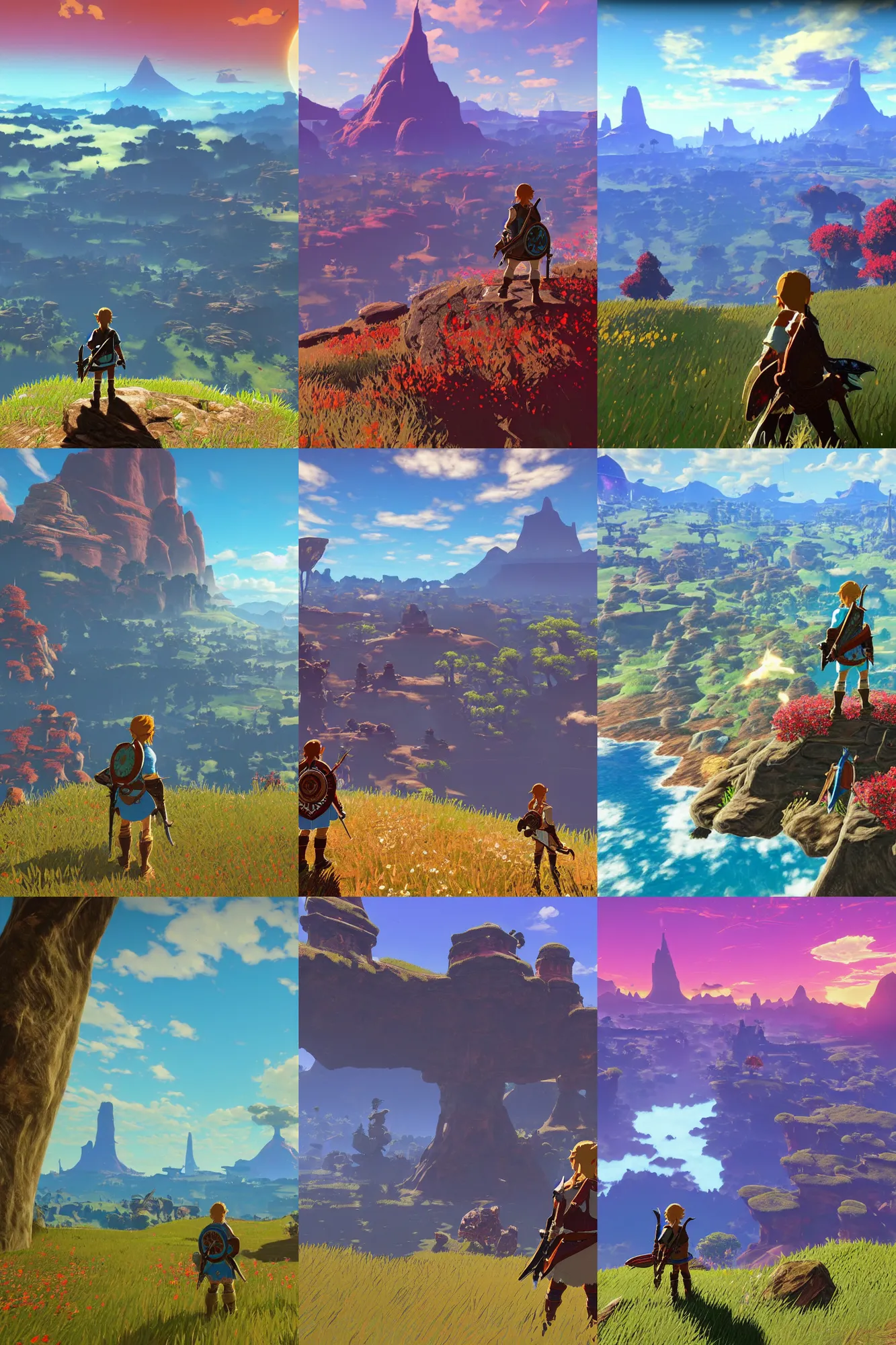 Prompt: highly detailedbeautiful landscapes breath of the wild, dark red colourful, 4 k, unreal engine, detailed and intricate environment