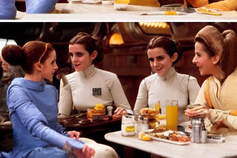 Image similar to princess leia having lunch with emma watson at quark's bar on deep space nine