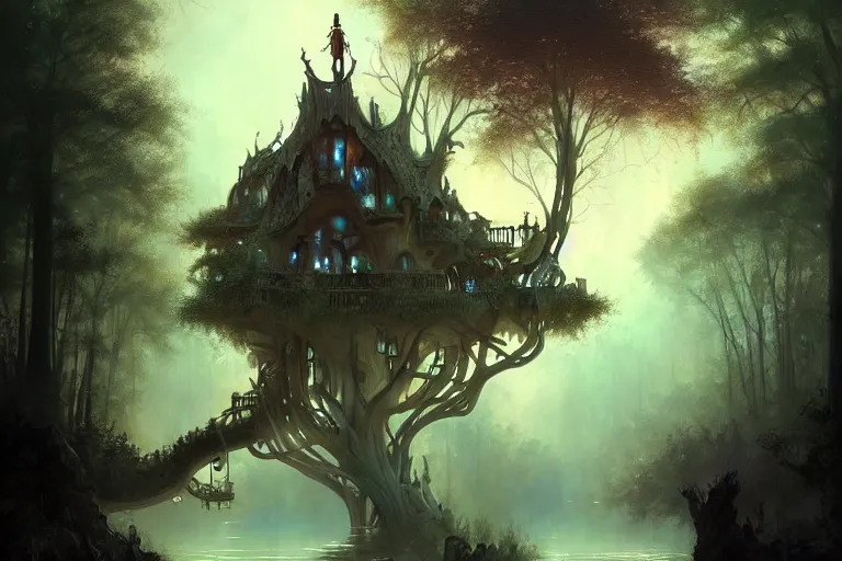 Image similar to treehouse with architecture from antonio gaudi in a deep mystical forest , lampoons, lake, waterfall, tall people walking and discussing, faint dynamic lighting, art by peter mohrbacher on artstation, night mood