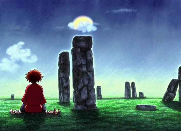 Image similar to a realistic cell - shaded studio ghibli concept art from paprika ( 2 0 0 6 ) of a rainbow - colored cube from close encounters of the third kind ( 1 9 7 7 ) and a grey long - haired witch sitting on top of a pillar in a flooded stonehenge on a misty starry night. very dull colors, wide shot, hd, 4 k, hq