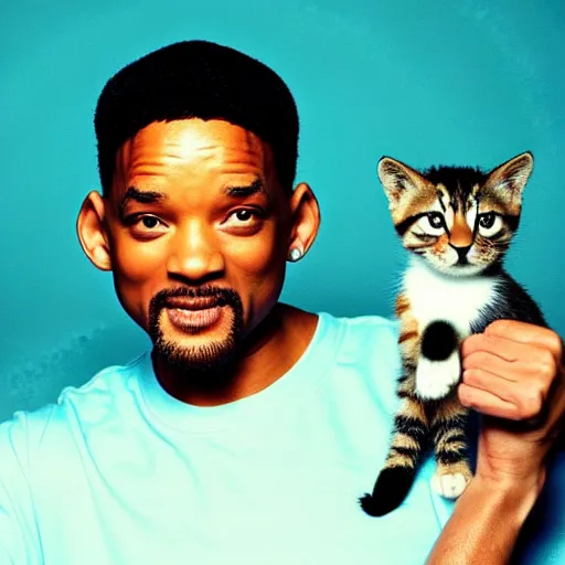 Image similar to will smith posing for a camera, holding up a kitten during an photoshoot for his early 2 0 0 0's techno album, cool coloring reminiscent of the 2 0 0 0's, album cover, y 2 k aesthetic,