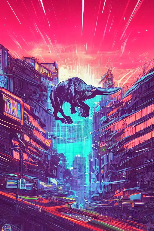 Image similar to a portrait of a wolf with thunders in the sky in a future cybernetic city, outrun style and colours, trending on arstation, by dan mumford, by ross tran