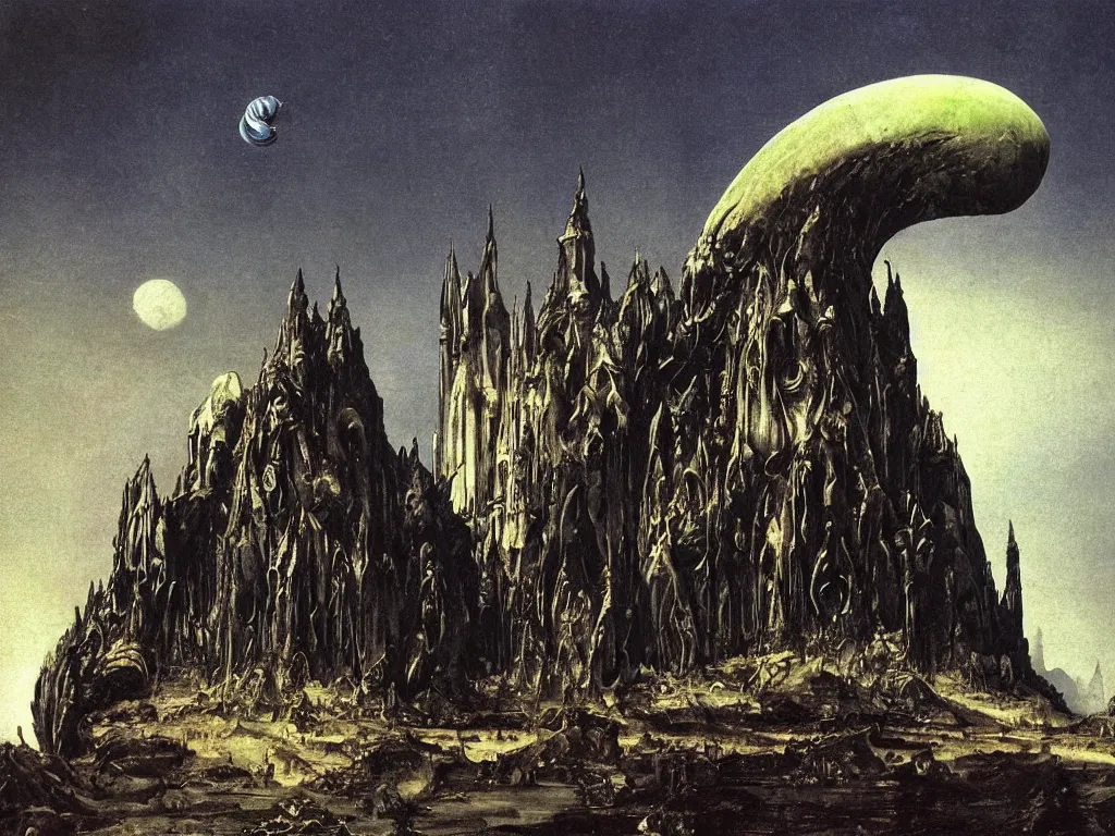 Prompt: Close up view of an alien mollusk on a planet dominated by giant beetles. Thick gothic cathedral smoke. Surreal, melancholic. Painting by Caravaggio, Arnold Bocklin, Roger Dean