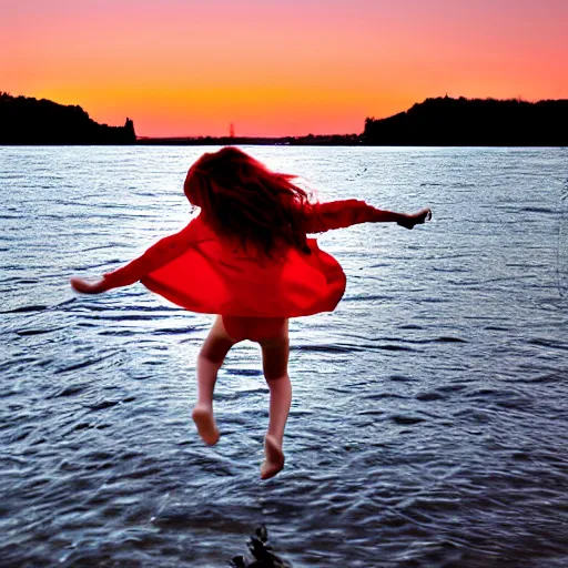 Prompt: a girl with red hair skipping stones on a lake at sunset, in the style of Raffaello Sanzio