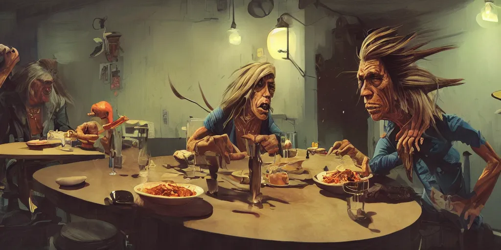 Image similar to cartoonish iggy pop having dinner with tom waits, vivid colors, character sheet, fine details, concept design, contrast, kim jung gi, greg rutkowski, trending on artstation, 8 k, full body, turnaround, front view, back view, ultra wide angle