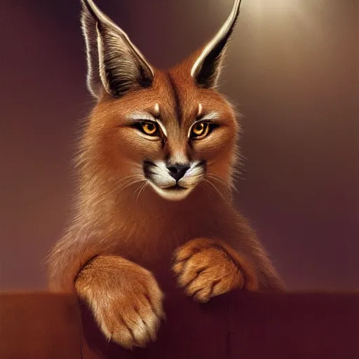 Image similar to sad cute fluffy caracal holding a red marker and pencil with paws, atmospheric lighting, intricate, volumetric lighting, digital art, highly detailed by gaston bussiere, craig mullins, j. c. leyendecker 8 k