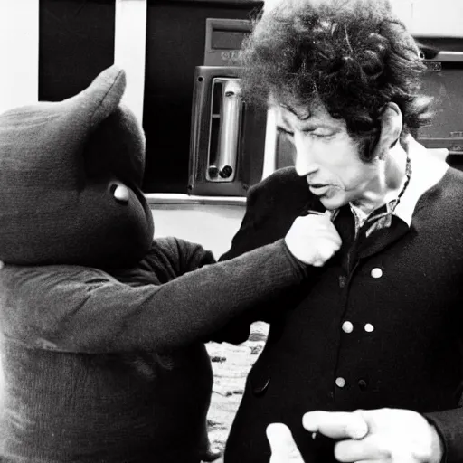 Image similar to bob dylan punching a telly tubby