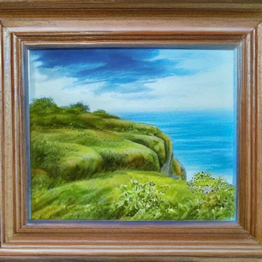 Prompt: a beautiful picture of sting cliffs, shades of white, pastel green, oak colour, by bob ross