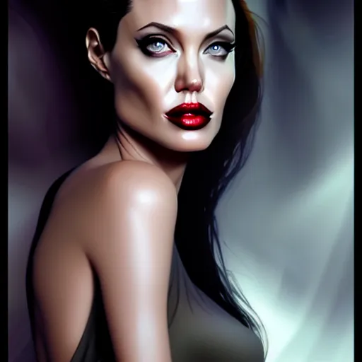 Image similar to angelina jolie jessica rabbit, character headshot portrait, sharp, digital matte painting, art by luis royo, greg rutkowski, wlop, dramatic lighting, trending on artstation