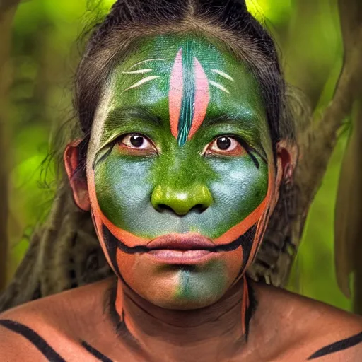 Prompt: beautiful portrait of a plant teacher spirit uchu sanango in the jungle, tribal face paintings, ayahuasca, matte painting