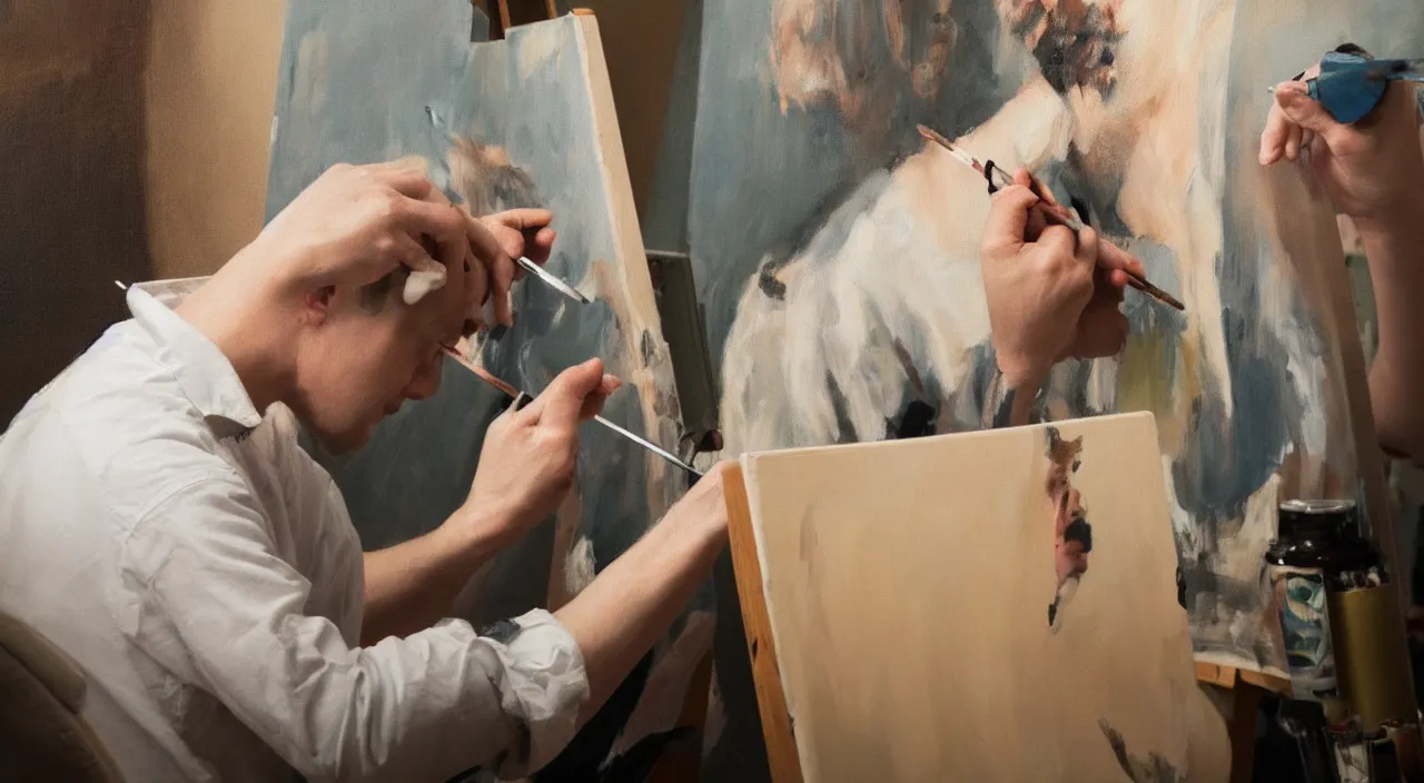 Image similar to Artist painting self portrait of an artist painting a self portrait of an artist painting a self portrait of an artist painting a self portrait. Ultra high resolution, photo realistic, depth of field, award winning, cinematic, color graded