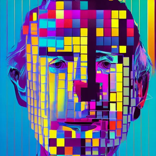 Prompt: portrait of abstract visual artificial intelligence face chromatic suit by Andy warhol and David Hockney and Petros Afshar and Beeple, highly detailed