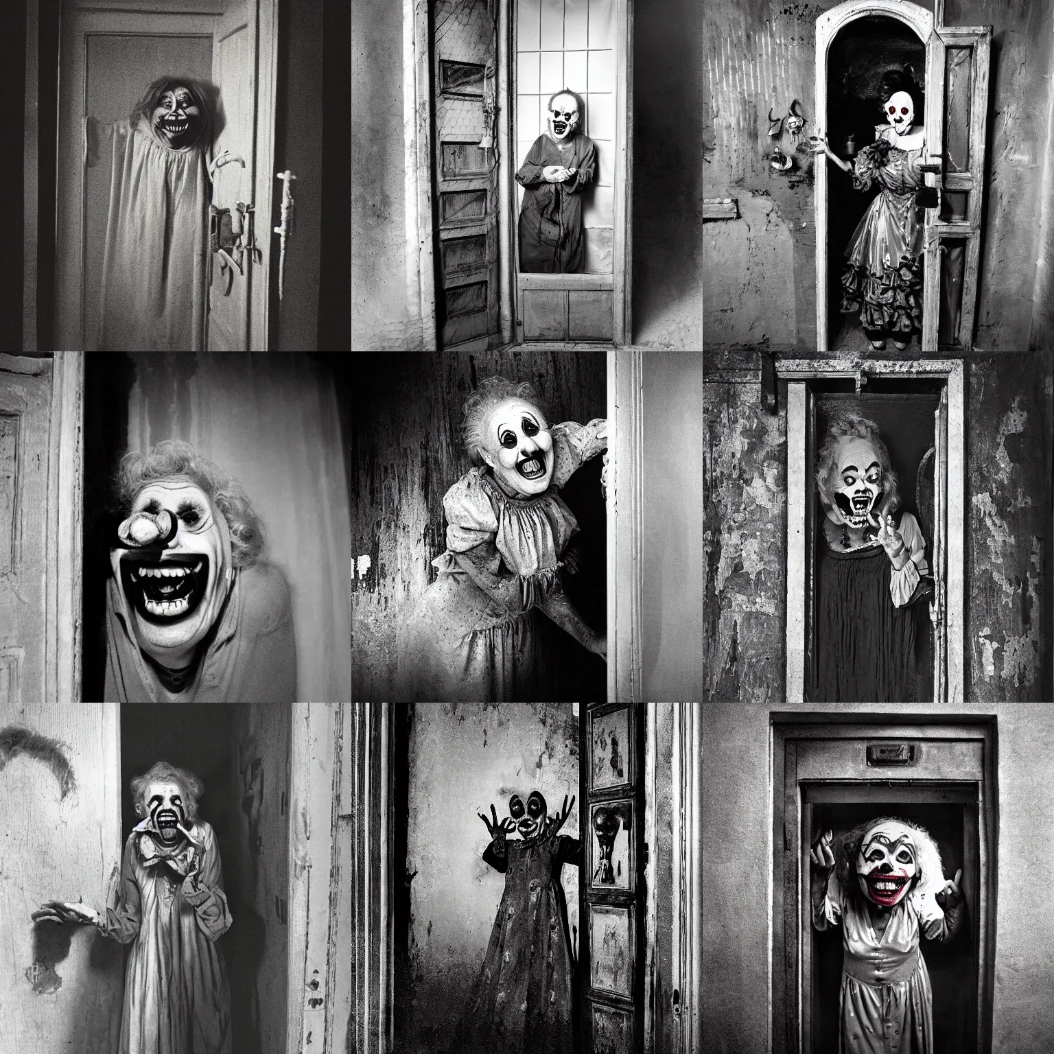 Prompt: portrait of a creepy old lady screaming creeping out of a door dress as a clown, morbid, macabre, dark lighting, decay teeth, black and white gainy film, 1 6 mm film vignette, matte painting by maxim verehin