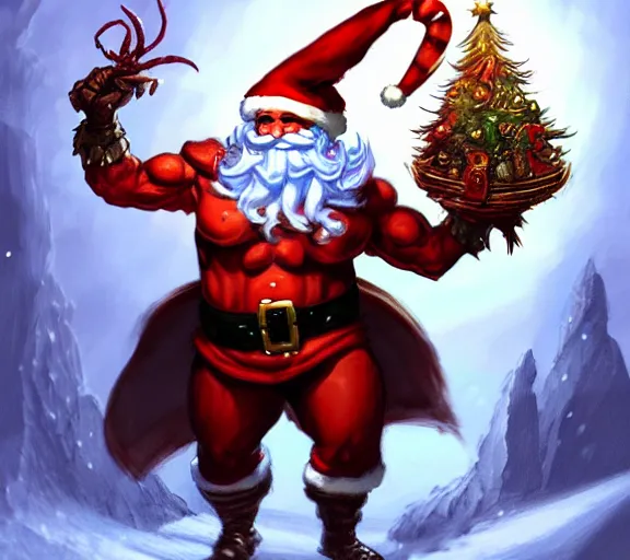 Image similar to magic : the gathering fantasy character concept art of anthropomorphic lobster wearing a christmas hat, by franz frazetta and marco bucci, high resolution. a clear portrait of powerful lobster impersonating santa, magical christmas wonderland in background, fantasy coloring, intricate, digital painting, artstation, smooth, sharp focus