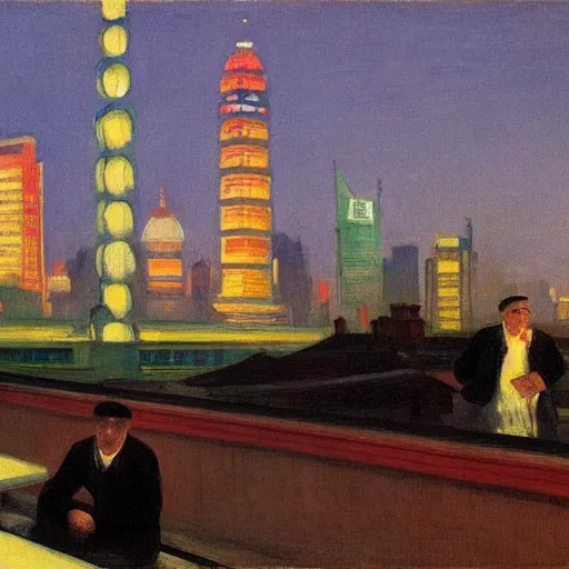 Image similar to a small rooftop with company of people sitting, shanghai bund is on the background, night, by edward hopper