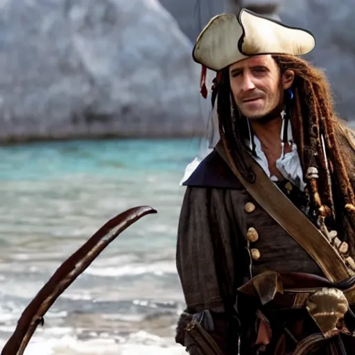 Prompt: photo of emmanuel macron in pirates of the caribbean movie, full body shot, sharp focus, award - winning