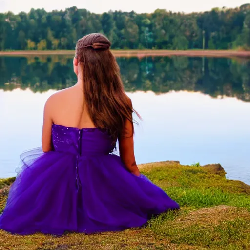 Prompt: elegant princess sitting by a lake, purple eyes, realistic, 8 k, award winning photography