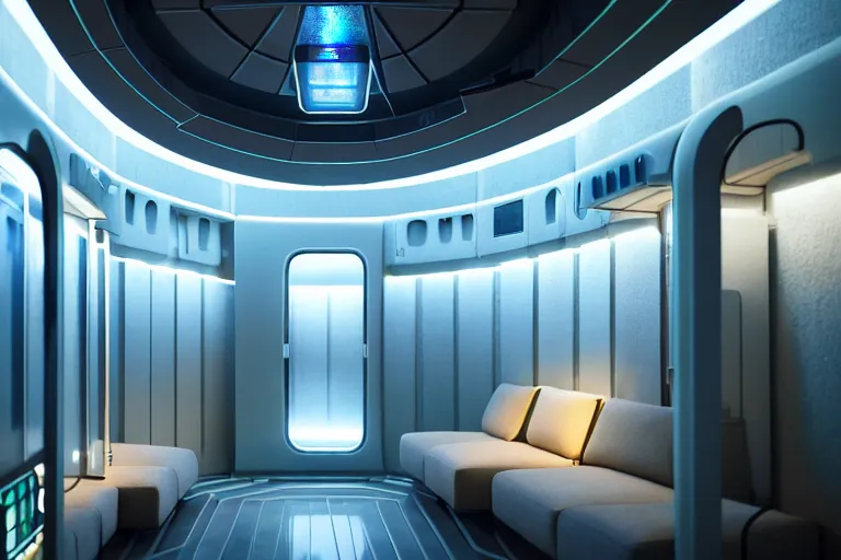 Image similar to very wide cinematic shot inside a scifi epic scale capsule hotel as ikea ad, modern lush condo as shopfront with terrarium lounge area, cathedral ceiling with holographic sky art ceiling, detailed archviz render, archdaily, scifi artstation concept, comfy lighting, star citizen, fine details, unreal engine, hyperrealism, realistic shading, blender render