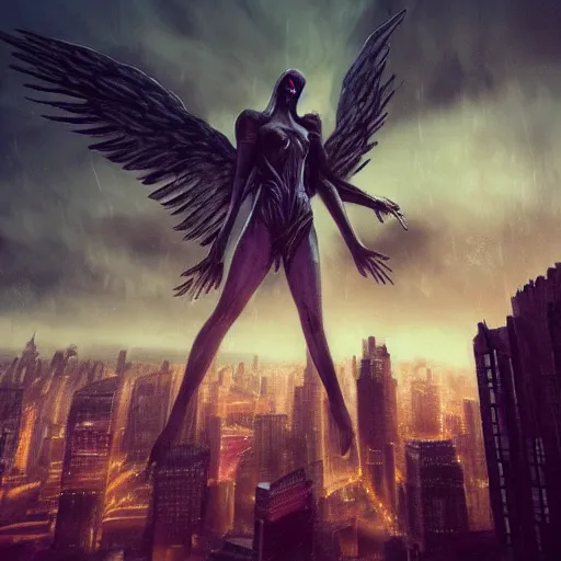 Prompt: the angel of death looming over a dormant city in the night, cityscape, thrilling, trending on artstation