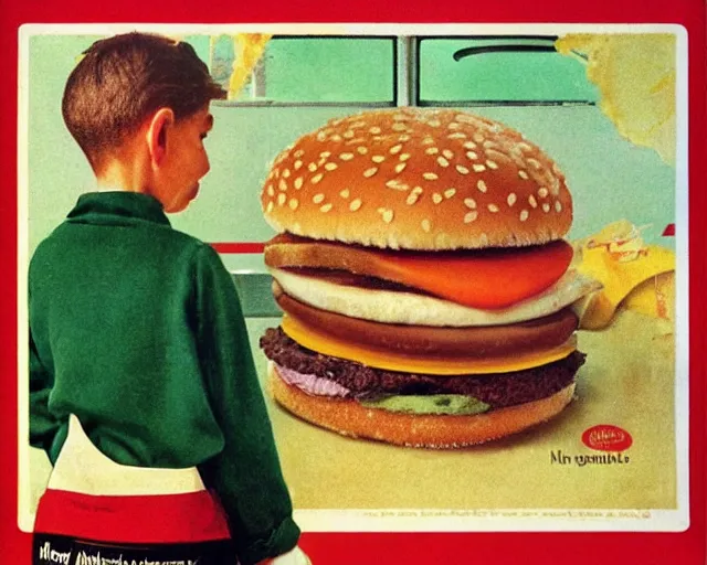 Image similar to vintage mcdonald's commercial depicting the hamburgular, by saul leiter, by norman rockwell