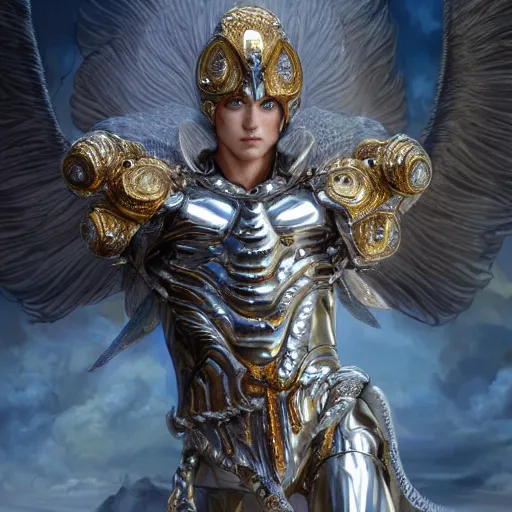 Image similar to a beautiful muscular male angel wearing a silver chrome armor with golden ornaments and diamonds jewelry by alex gray and android jones, karol bak, ayami kojima, amano, concept art, character design, fantasy, 3 d, 8 k resolution