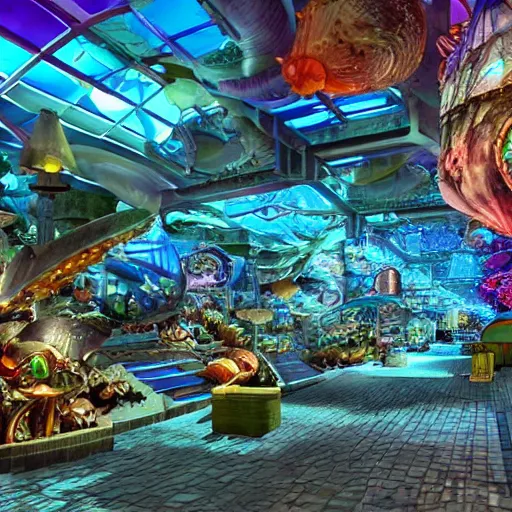 Prompt: undersea shopping center built from various sea shells, sea weed, light prisms, light diffraction, steampunk, cyberpunk, cool lights, anime, vhs distortion