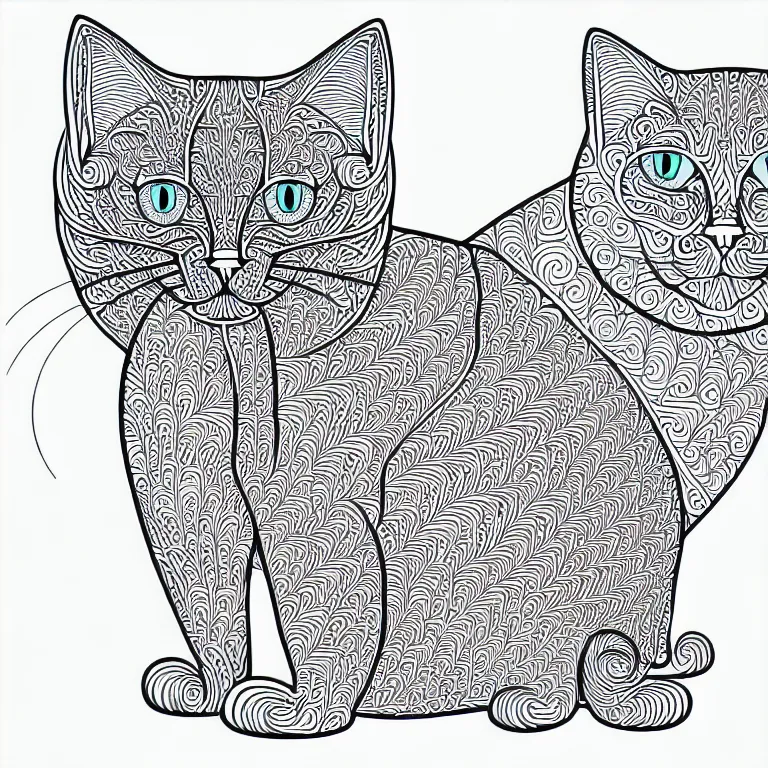 Prompt: beautiful cat, ornamental, fractal, line art, vector, outline, simplified, colouring page