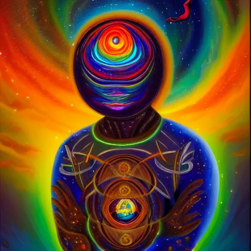 Image similar to transcendent sacred spaceman, astral spirit space journey in oil painting, ayahuasca, trending on artstation, award winning, emotional, highly detailed ethereal surrealist art