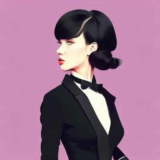 Prompt: young female in black tuxedo, scornful, disdainful, muted colors, matte print, pastel colors, 2d, ultra highly detailed, smooth, sharp focus, digital art, digital painting, fan art, elegant, artstation, head is centered, by Ilya Kuvshinov